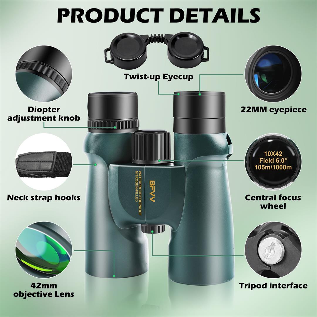 BFVV 10x42 HD High-Power Binoculars for Adults - BAK4 Prism, FMC Lens, Waterproof Fogproof for Bird Watching, Hunting, Stargazing, Concerts - Image 6