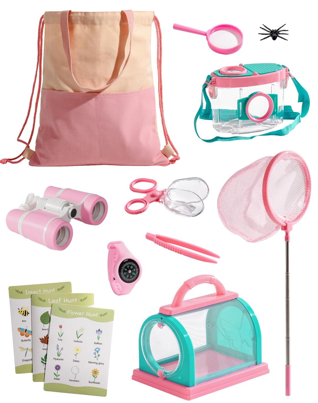 Catcher Kit For 12pcs Explorer Outdoor Adventure Set With Binoculars Butterfly Net Insect Box Magnifying Glass And Compass Watch 3-12 (pink)
