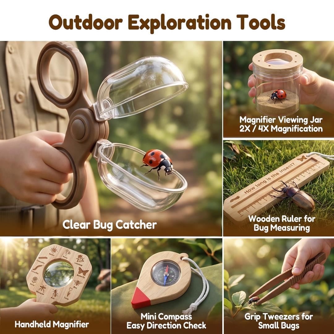 FUJILI Wooden Bug Catching Set with Telescopic Bug Net and Observation House, Outdoor Nature Exploration Kit for Backyard, Garden, Camping and Gift Activities - Image 2