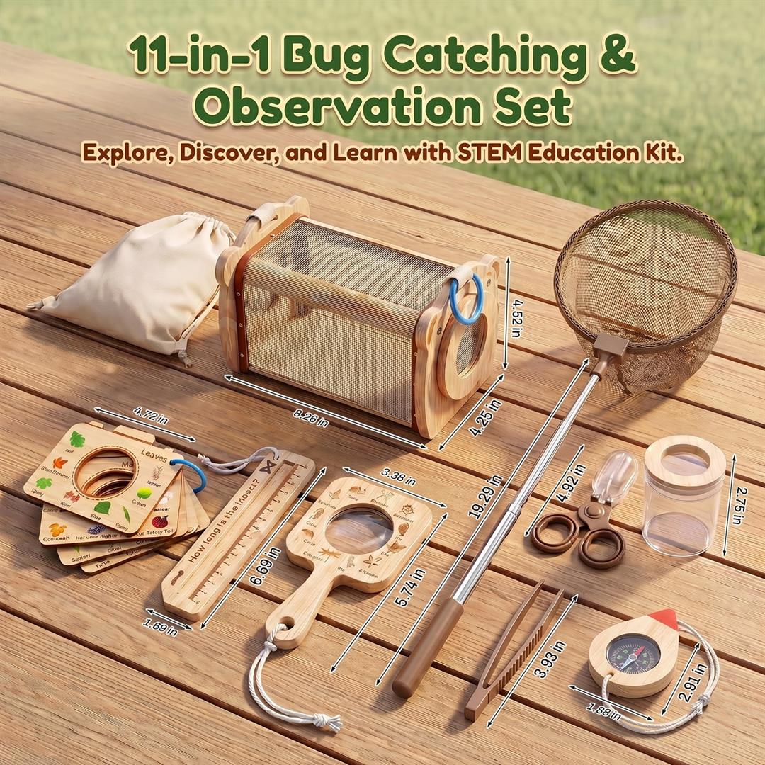 FUJILI Wooden Bug Catching Set with Telescopic Bug Net and Observation House, Outdoor Nature Exploration Kit for Backyard, Garden, Camping and Gift Activities - Image 3