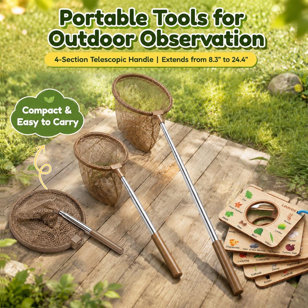 FUJILI Wooden Bug Catching Set with Telescopic Bug Net and Observation House, Outdoor Nature Exploration Kit for Backyard, Garden, Camping and Gift Activities - Image 4