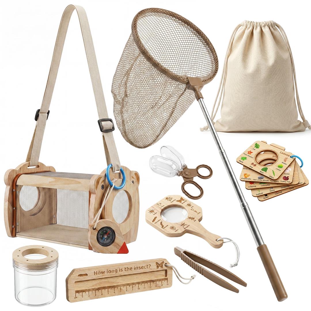 FUJILI Wooden Bug Catching Set with Telescopic Bug Net and Observation House, Outdoor Nature Exploration Kit for Backyard, Garden, Camping and Gift Activities