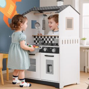 iYofe Wooden Play Kitchen for Toddlers 3-5, 2-in-1 Kids Kitchen & Laundry Playset, Montessori Toys with Realistic Cooking & Pretend Play Accessories, Learning Toys Gift for Girls & Boys
