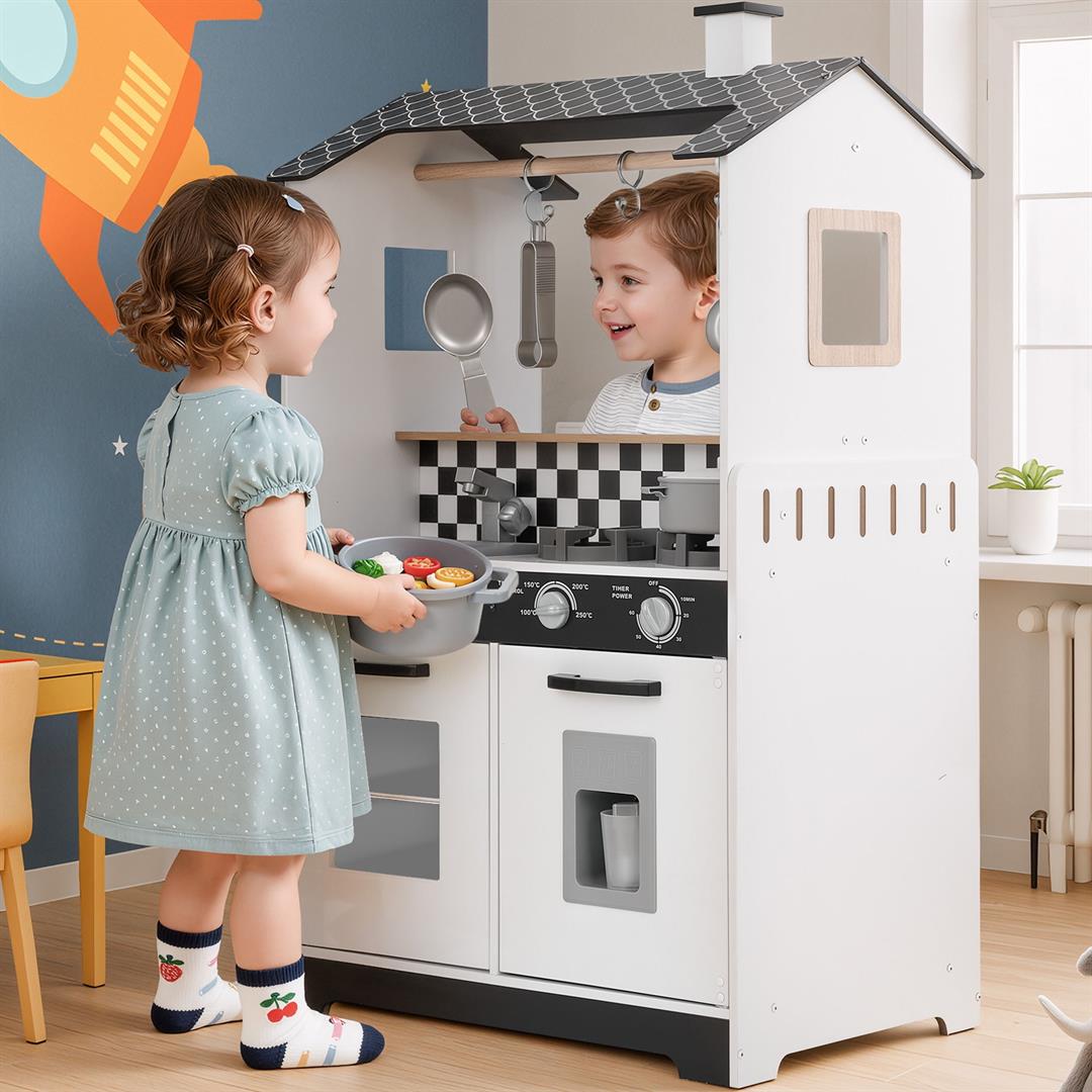 iYofe Wooden Play Kitchen for Toddlers 3-5, 2-in-1 Kids Kitchen & Laundry Playset, Montessori Toys with Realistic Cooking & Pretend Play Accessories, Learning Toys Gift for Girls & Boys