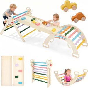 JIOABL 9-in-1 Wooden Playground Climber with Arch, Ramp, Ladder, Montessori Indoor Jungle Gym, Foldable Baby Play Structure,Rainbow
