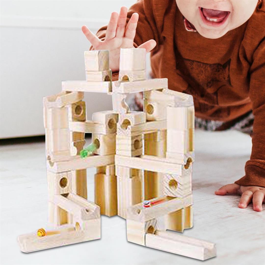 LeeQinersw Wooden Marble Run Building Blocks Marble Ramps Track Blocks Game Sensory Toy for 60pcs - Image 8