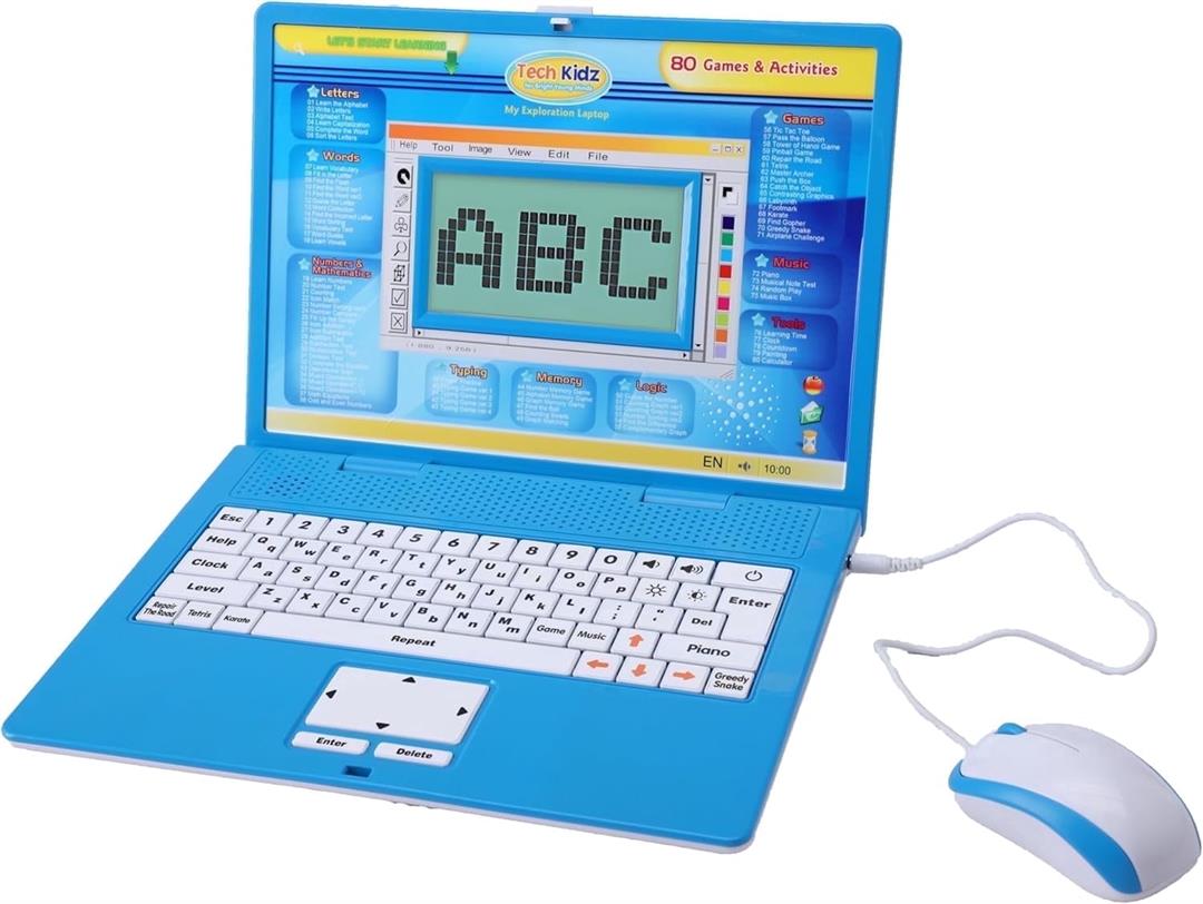 Tech Kidz - STEM Toy Computer Educational Learning Laptop, 80 Challenging Learning Activities to learn Mathematics, Words, Logic, Typing, LCD Screen with Backlight, Mouse Included (Blue), Ages 4+