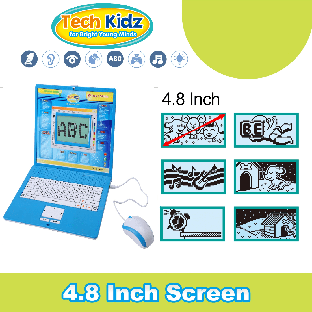 Tech Kidz - STEM Toy Computer Educational Learning Laptop, 80 Challenging Learning Activities to learn Mathematics, Words, Logic, Typing, LCD Screen with Backlight, Mouse Included (Blue), Ages 4+ - Image 4