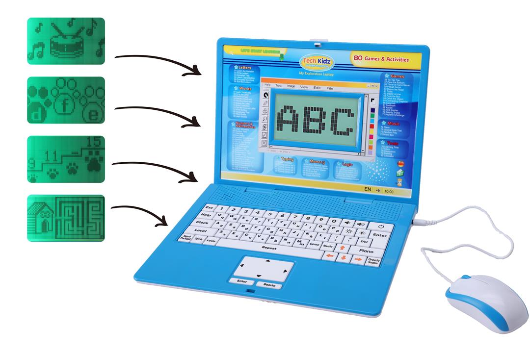 Tech Kidz - STEM Toy Computer Educational Learning Laptop, 80 Challenging Learning Activities to learn Mathematics, Words, Logic, Typing, LCD Screen with Backlight, Mouse Included (Blue), Ages 4+ - Image 6