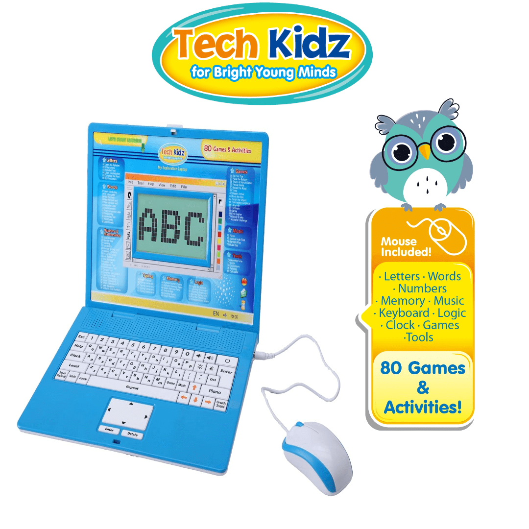 Tech Kidz - STEM Toy Computer Educational Learning Laptop, 80 Challenging Learning Activities to learn Mathematics, Words, Logic, Typing, LCD Screen with Backlight, Mouse Included (Blue), Ages 4+ - Image 8