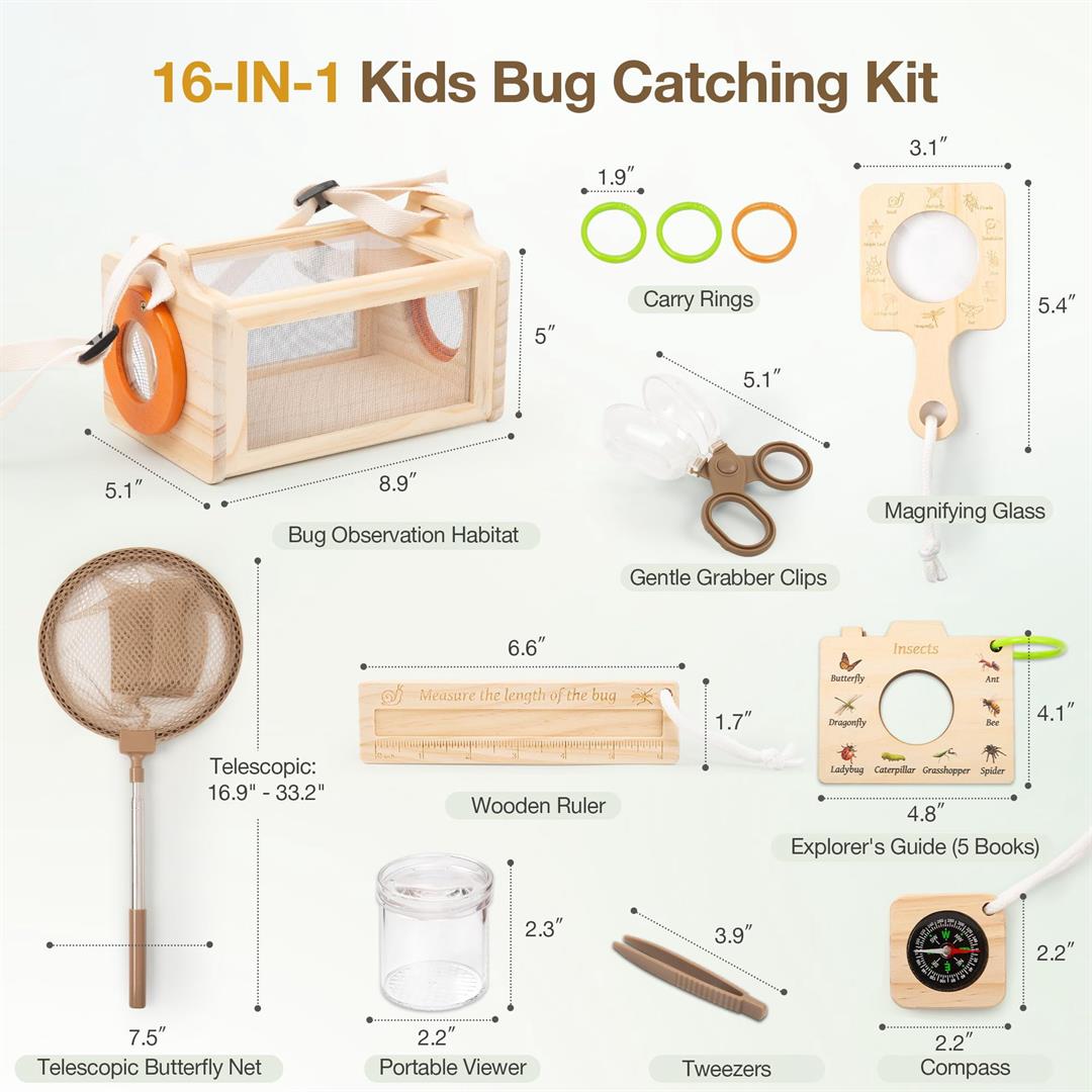Wooden Catcher Kit For 16-in-1 Outside Toys Stem Outdoor Explorer Set With 3-way Observation Habitat Butterfly Net Magnifying Glass Educational Gift Ages 3-8 - Image 2