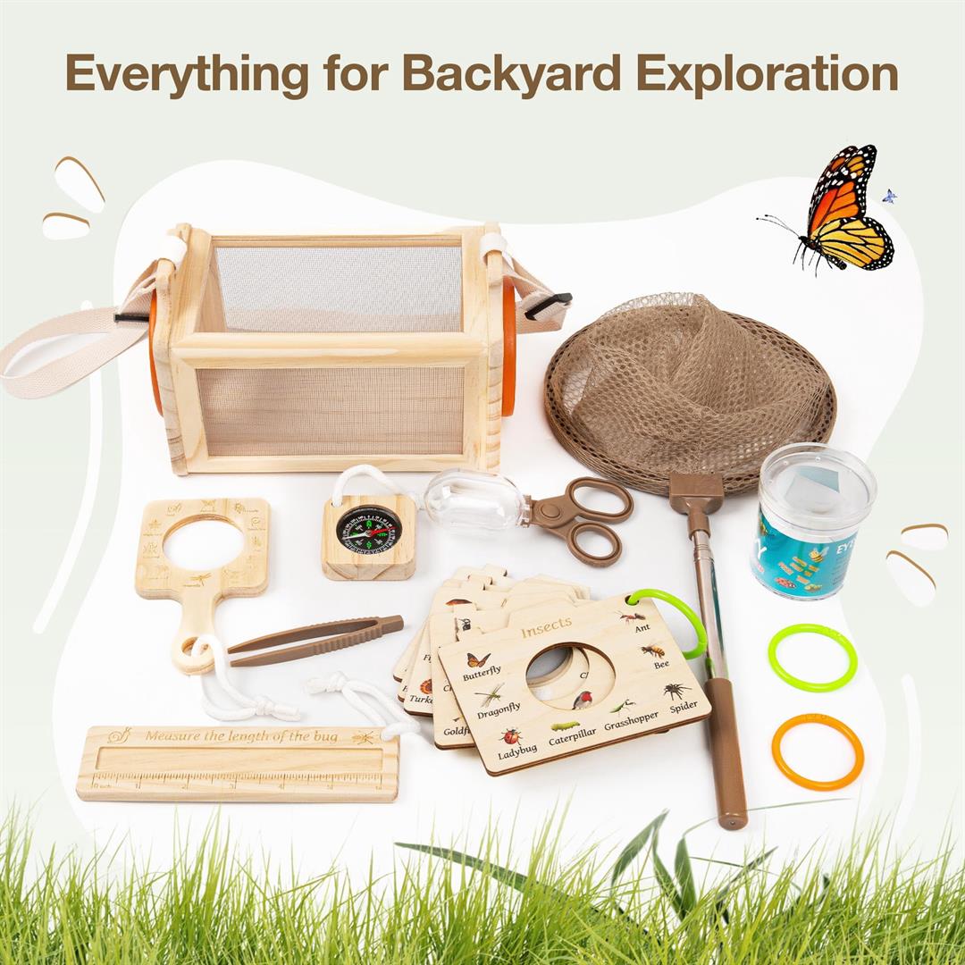 Wooden Catcher Kit For 16-in-1 Outside Toys Stem Outdoor Explorer Set With 3-way Observation Habitat Butterfly Net Magnifying Glass Educational Gift Ages 3-8 - Image 3