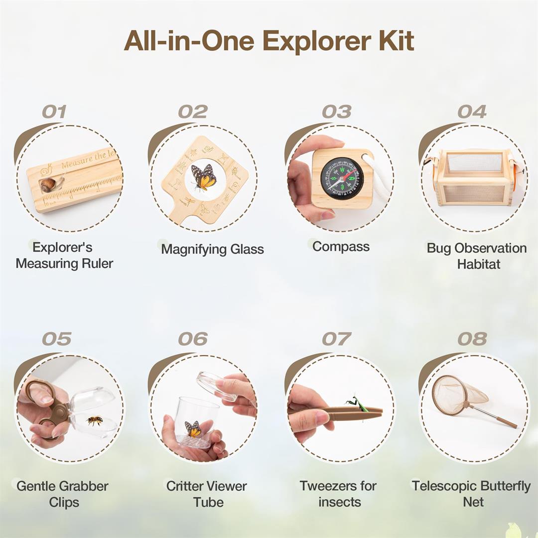 Wooden Catcher Kit For 16-in-1 Outside Toys Stem Outdoor Explorer Set With 3-way Observation Habitat Butterfly Net Magnifying Glass Educational Gift Ages 3-8 - Image 5