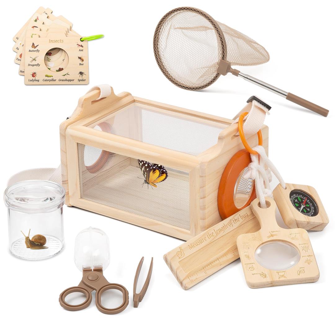 Wooden Catcher Kit For 16-in-1 Outside Toys Stem Outdoor Explorer Set With 3-way Observation Habitat Butterfly Net Magnifying Glass Educational Gift Ages 3-8